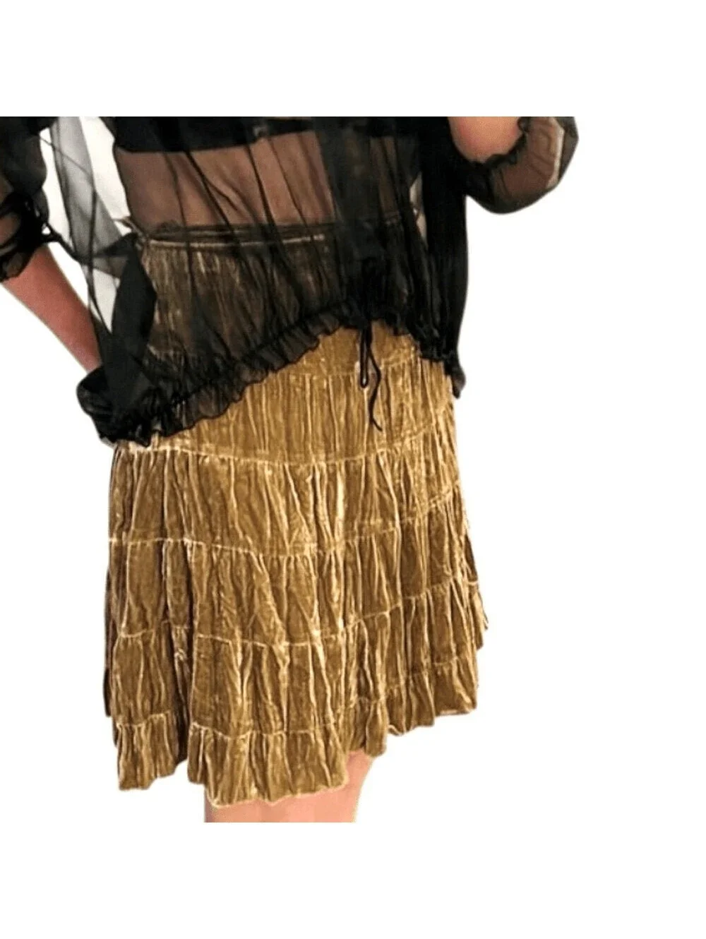 Y2K Cache Crushed Velvet Tiered Slip Skirt Gold Fairy Whimsigoth Romance 2 S